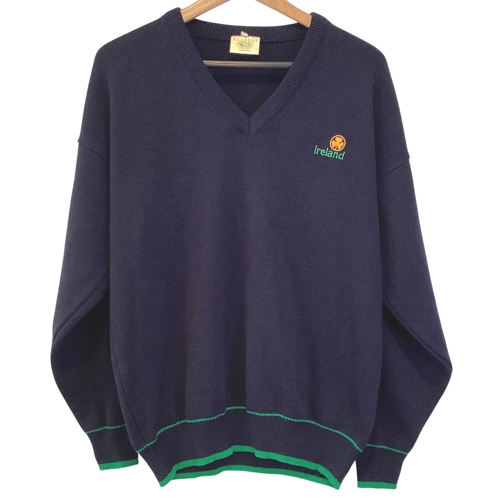 Blarney Woollen Mills Mens Navy V-Neck Sweater Ireland Green Trim Golf - Large